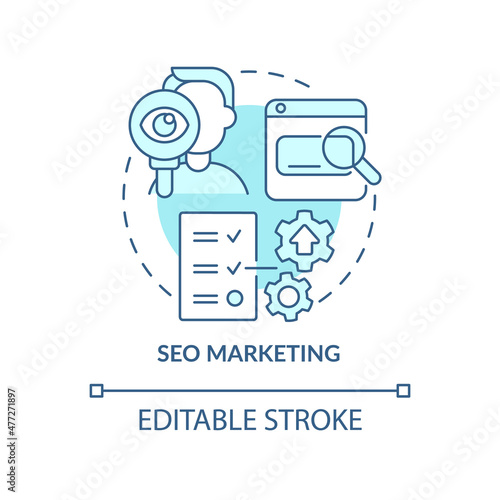 SEO marketing turquoise concept icon. Advertising content for search engines abstract idea thin line illustration. Isolated outline drawing. Editable stroke. Roboto-Medium, Myriad Pro-Bold fonts used