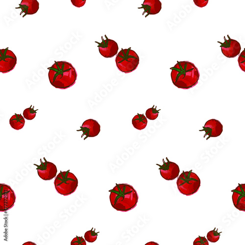 Red tomato vector pattern. Italian red tomato fruiti. Simple design. White background. Italian harvest inspired. Hand drawn style. 