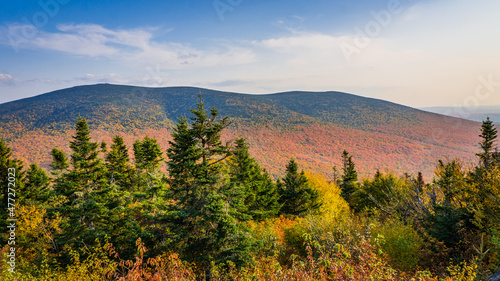 View on the mountains and the fall foliage of Mont Megantic National park from a belvedere along the "Sentier des Cimes" hiking trail, in Eastern Townships, Quebec, Canada