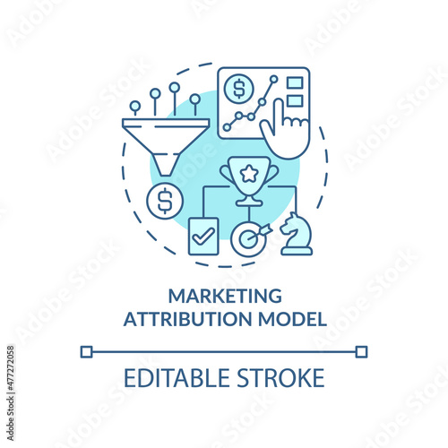 Marketing attribution model turquoise concept icon. Campaign analytics abstract idea thin line illustration. Isolated outline drawing. Editable stroke. Roboto-Medium, Myriad Pro-Bold fonts used