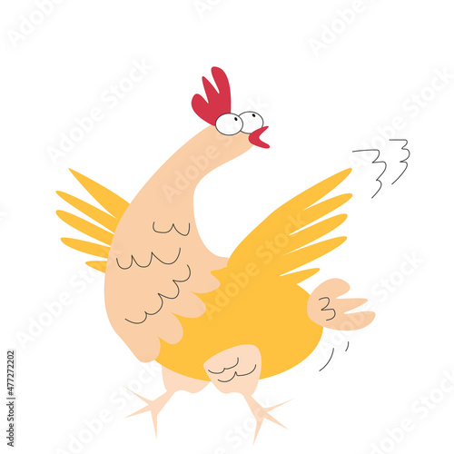One orange chicken running in fear from someone. Cute vector illustration isolated on white background