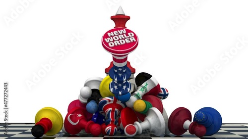 China is the new geopolitical leader. Chess figure - king in the US flag on the top of a pile of fallen pawns is knocked down by king in China flag. The falling king. New world order concept
