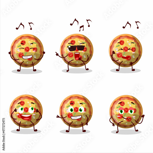 An image of pizza gummy candy dancer cartoon character enjoying the music