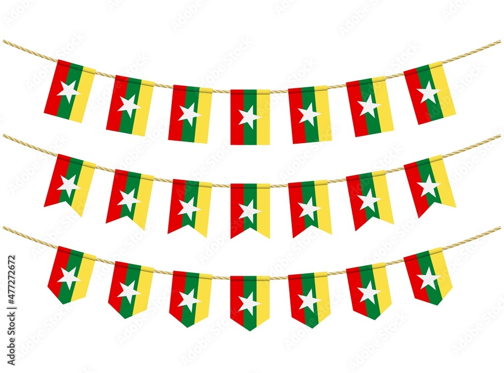 Obraz premium Myanmar flag on the ropes on white background. Set of Patriotic bunting flags. Bunting decoration of Myanmar flag