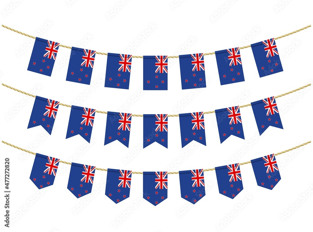 Fototapeta premium New Zealand flag on the ropes on white background. Set of Patriotic bunting flags. Bunting decoration of New Zealand flag