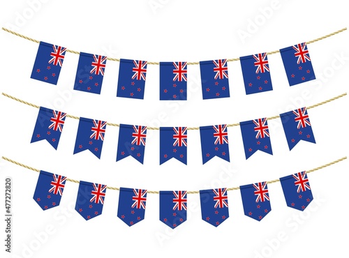 New Zealand flag on the ropes on white background. Set of Patriotic bunting flags. Bunting decoration of New Zealand flag