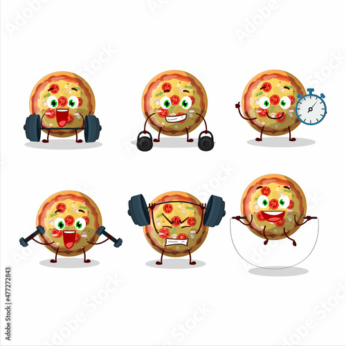 A healthy pizza gummy candy cartoon style trying some tools on Fitness center