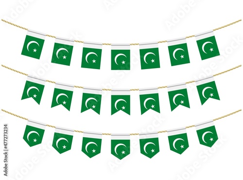 Pakistan flag on the ropes on white background. Set of Patriotic bunting flags. Bunting decoration of Pakistan flag