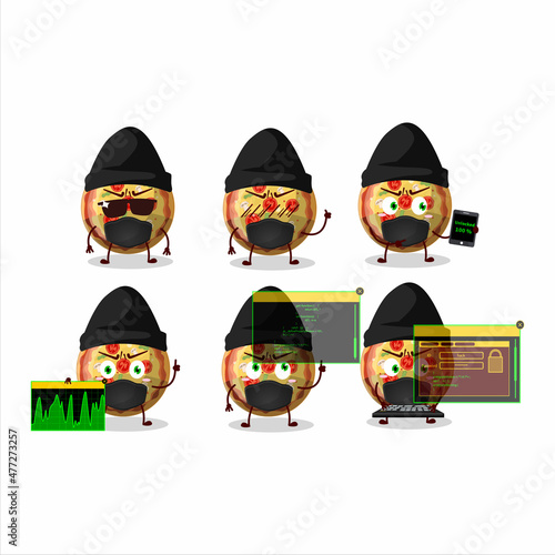 A Hacker pizza gummy candy character mascot with
