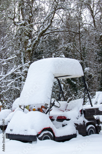 Snow covered golf cart after northwest winter storm.