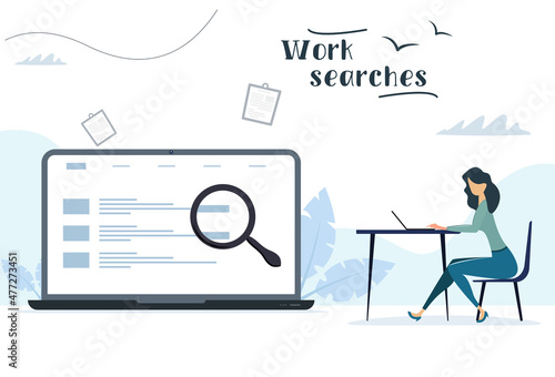 Beautiful woman looking for work in laptop. Job search, view sites. Vector illustration in modern