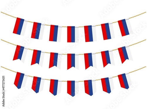 Russia flag on the ropes on white background. Set of Patriotic bunting flags. Bunting decoration of Russia flag