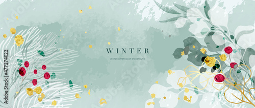 Winter background vector. Hand painted watercolor and gold brush texture, Flower and botanical leaves hand drawing. Abstract art design for wallpaper, wall arts, cover, wedding and  invite card.  