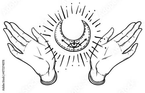 Vector ornamental praying hands with sacred geometry sign moon, patterned Ind...