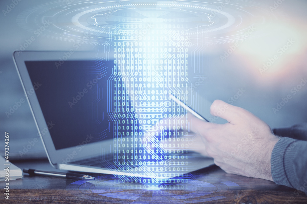Multi exposure of man's hand holding and using a digital device and data theme drawing. Innovation concept. Multi exposure of man's hand holding and using a digital device and data theme drawing. Innovation concept.