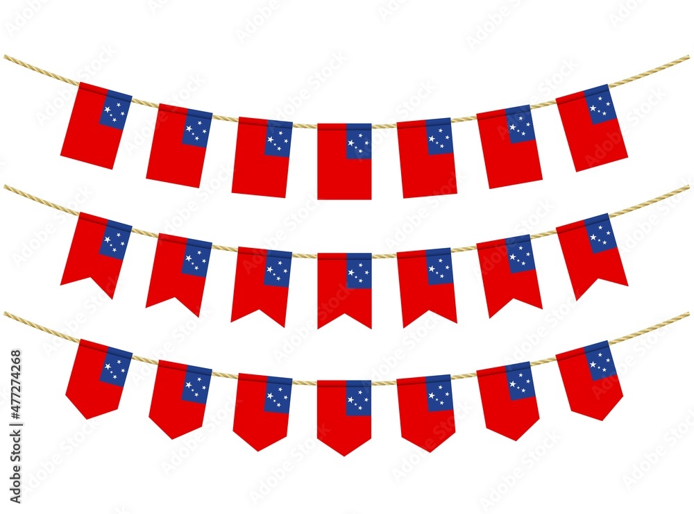 Fototapeta premium Samoa flag on the ropes on white background. Set of Patriotic bunting flags. Bunting decoration of Samoa flag