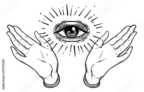 Open hand with the all-seeing eye on the palm. Occult design vector illustration. Dotwork ink tattoo flash design. Vector illustration isolated on white. Astrology, Sacred Spirit. Masonic sign.