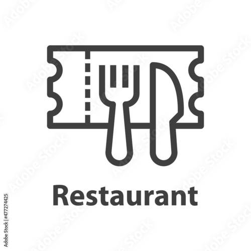 Logo comida online. Icono ticket con cubiertos con texto Restaurant con líneas en color gris