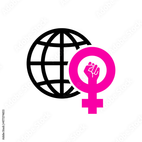 Día de la mujer. Logotipo símbolo feminista con puño con globo terráqueo con líneas en color rosa y negro