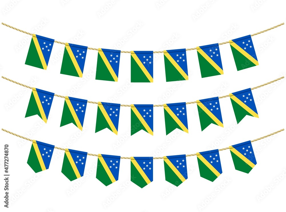 Solomon Islands flag on the ropes on white background. Set of Patriotic bunting flags. Bunting decoration of Solomon Islands flag Solomon Islands flag on the ropes on white background. Set of Patriotic bunting flags. Bunting decoration of Solomon Islands flag