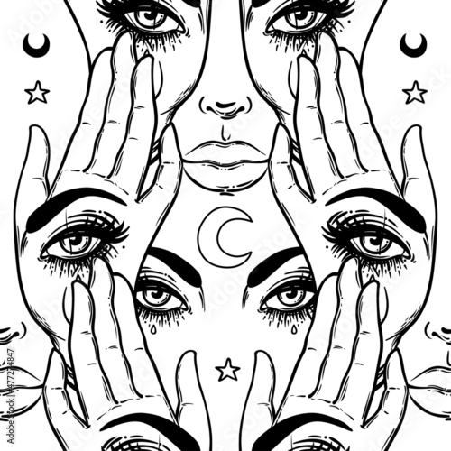 Seamless pattern with hands with the all-seeing eye on the palm. Occult desig...