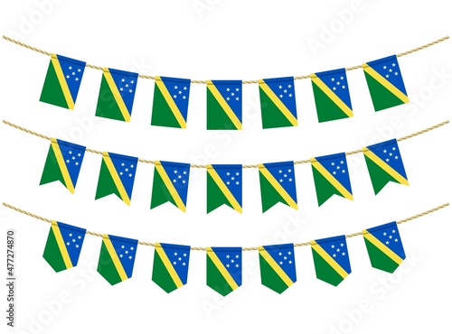 Solomon Islands flag on the ropes on white background. Set of Patriotic bunting flags. Bunting decoration of Solomon Islands flag