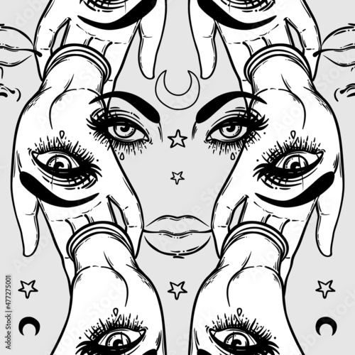 Seamless pattern with hands with the all-seeing eye on the palm. Occult desig...