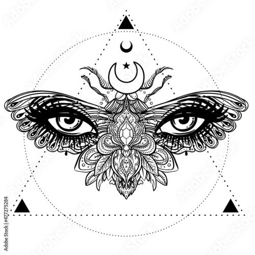 Weird beautiful moth on an girl face. Ornate decorated butterfly wings for ey...