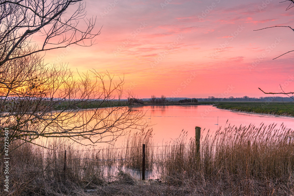 Aube sur les étangs en hiver en baie de Somme Aube sur les étangs en hiver en baie de Somme