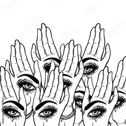 Seamless pattern with hands with the all-seeing eye on the palm. Occult design vector illustration. Ink tattoo flash design. Vector illustration. Astrology, Sacred Spirit. Masonic sign.