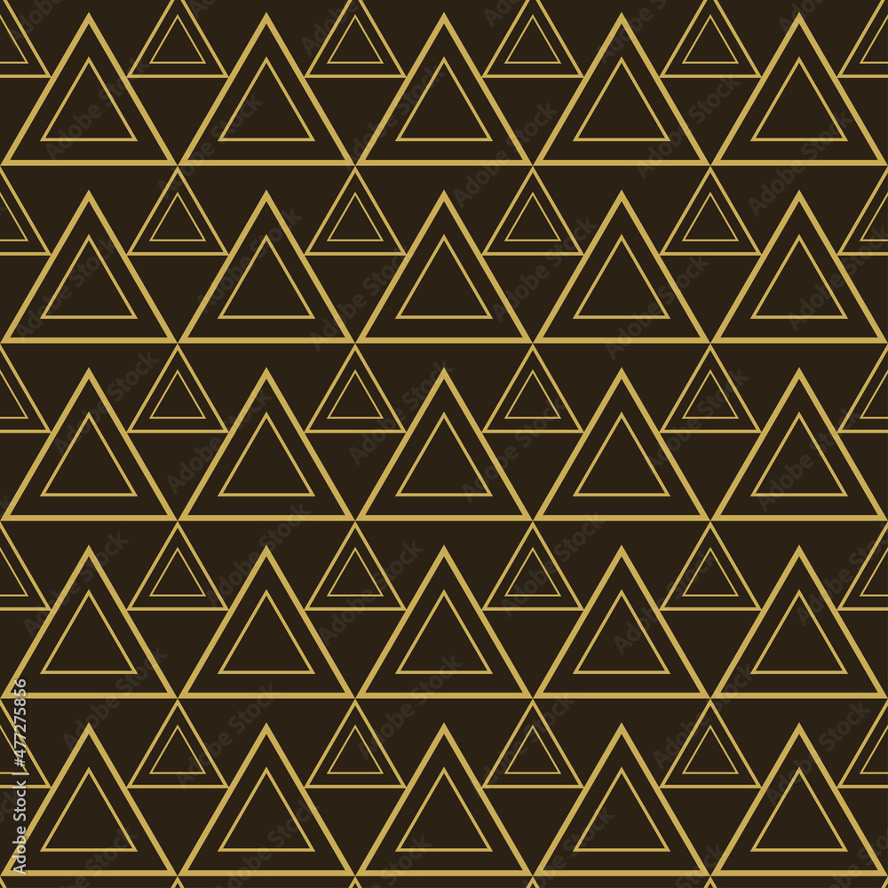 Seamless pattern of golden triangles with geometric ornament on black background. Fabric texture swatch, seamless wallpaper. Vector illustration Seamless pattern of golden triangles with geometric ornament on black background. Fabric texture swatch, seamless wallpaper. Vector illustration