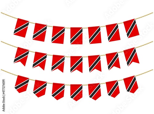 Trinidad and Tobago flag on the ropes on white background. Set of Patriotic bunting flags. Bunting decoration of Trinidad and Tobago flag