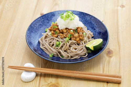 natto  soba (buckwheat noodles with fermented soybeans) , Japanese food photo