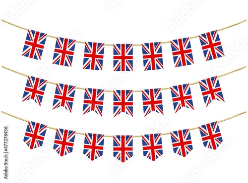 United Kingdom flag on the ropes on white background. Set of Patriotic bunting flags. Bunting decoration of United Kingdom flag