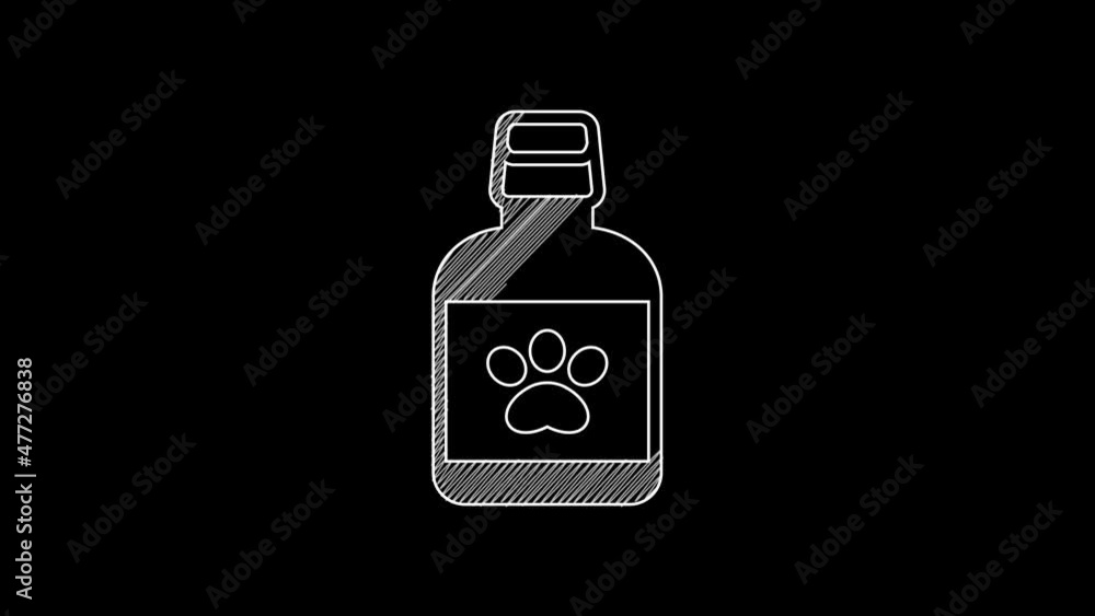 White line Dog medicine bottle icon isolated on black background. Container with pills. Prescription medicine for animal. 4K Video motion graphic animation White line Dog medicine bottle icon isolated on black background. Container with pills. Prescription medicine for animal. 4K Video motion graphic animation