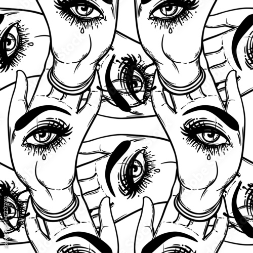 Seamless pattern with hands with the all-seeing eye on the palm. Occult desig...