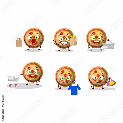 Fototapeta Naklejka Na Ścianę i Meble -  A Rich pizza gummy candy mascot design style going shopping