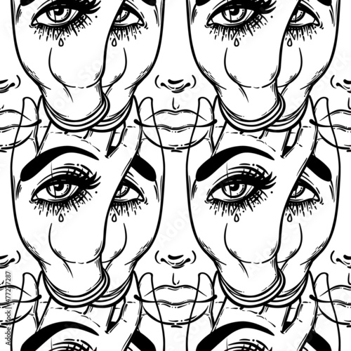 Seamless pattern with hands with the all-seeing eye on the palm. Occult desig...