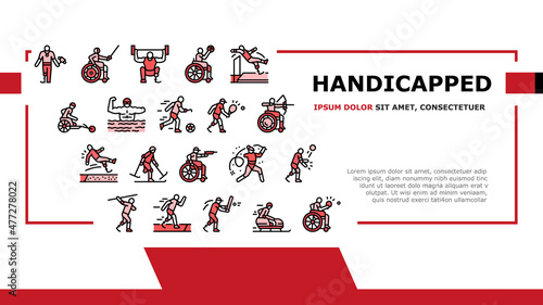 Handicapped Athlete Sport Game Landing Web Page Header Banner Template Vector. Basketball And Volleyball Playing Handicapped Athlete, Sportsman Swimming And Running Play Tennis And Soccer Illustration