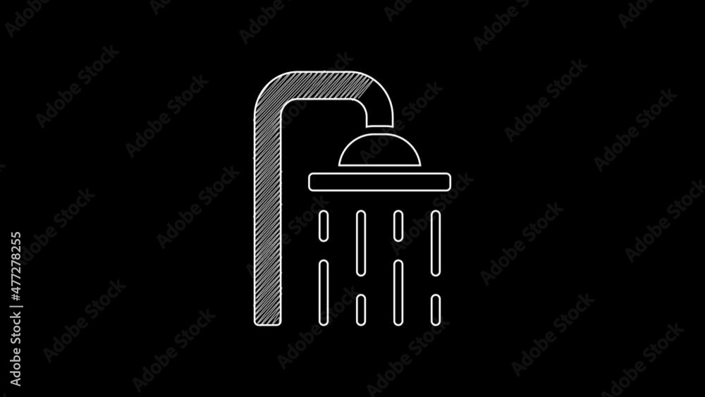White line Shower head with water drops flowing icon isolated on black background. 4K Video motion graphic animation White line Shower head with water drops flowing icon isolated on black background. 4K Video motion graphic animation
