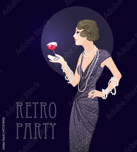 Flapper girl: Retro party invitation design template. Vector illustration.