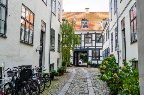 Copenhagen  Denmark - October 1  2021  Interior courtyard between houses along a central street in Copenhagen