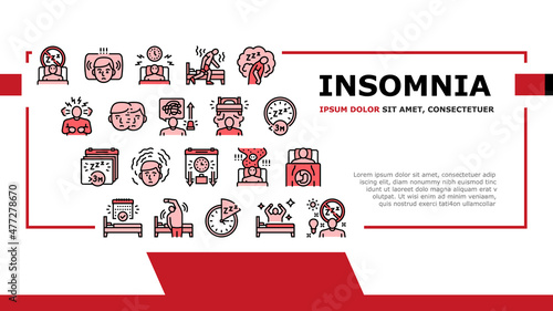 Insomnia Person Chronic Problem Landing Web Page Header Banner Template Vector. Remaining Passively Awake Difficulty Falling Asleep At Night, Insomnia Stimulus Control And Light Therapy Illustration