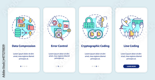 Types of coding onboarding mobile app screen. Software walkthrough 5 steps graphic instructions pages with linear concepts. UI, UX, GUI template. Myriad Pro-Bold, Regular fonts used