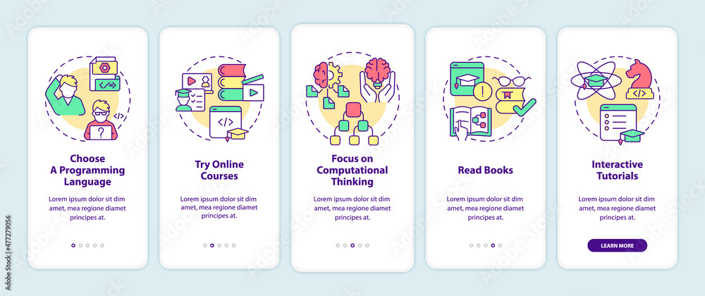 How to learn to code onboarding mobile app screen. Education walkthrough 5 steps graphic instructions pages with linear concepts. UI, UX, GUI template. Myriad Pro-Bold, Regular fonts used