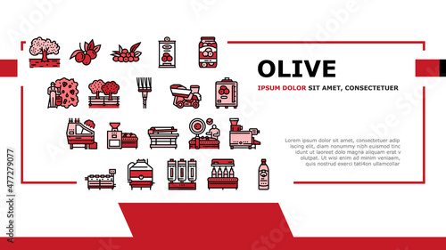 Olive Production And Harvesting Landing Web Page Header Banner Template Vector. Olive Tree Cultivation And Berries Manual Harvest, Factory Shaker Table And Repository Industry Machine Illustration