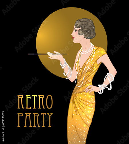 Flapper girl: Retro party invitation design template. Vector illustration.