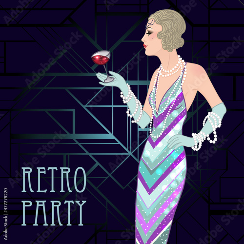 Flapper girl: Retro party invitation design template. Vector illustration.