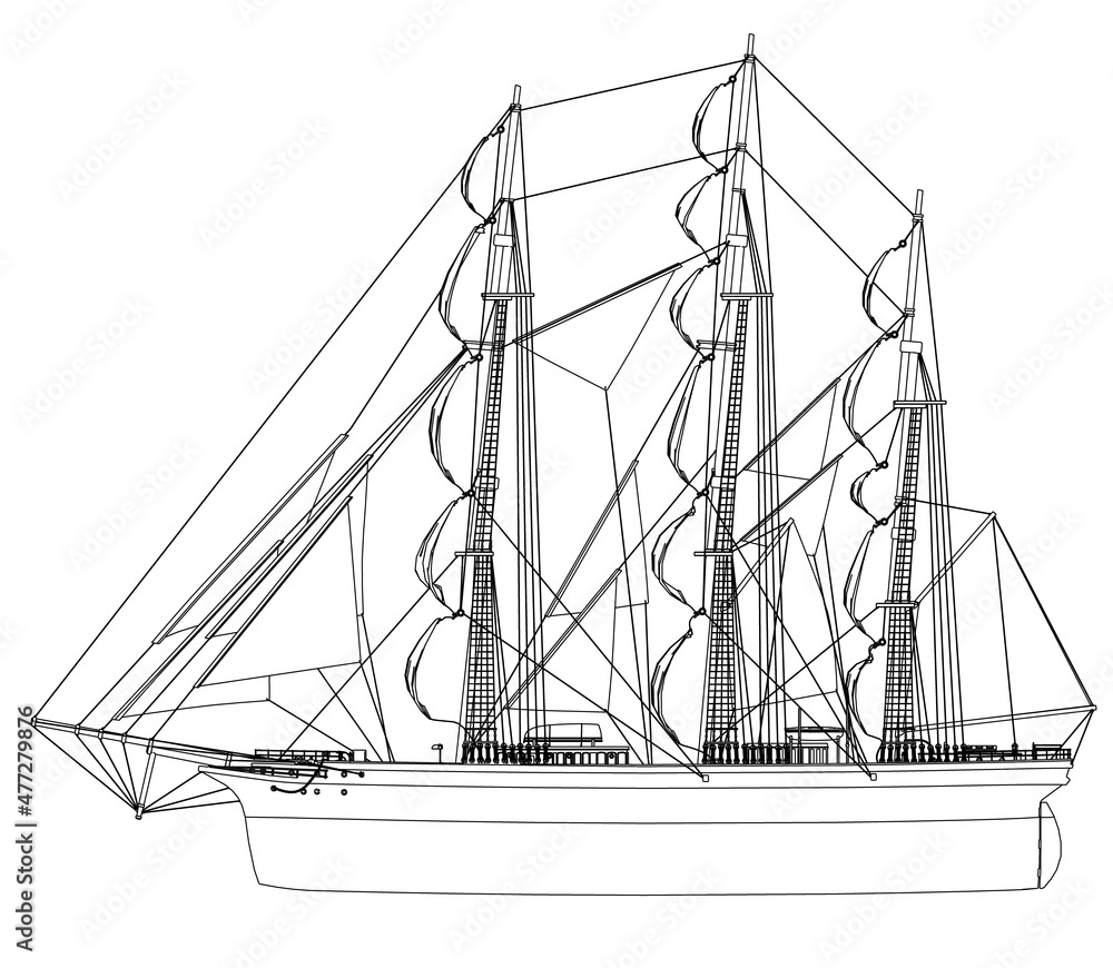Contour of a sailing ship from black lines isolated on a white background. Side view. Vector illustration