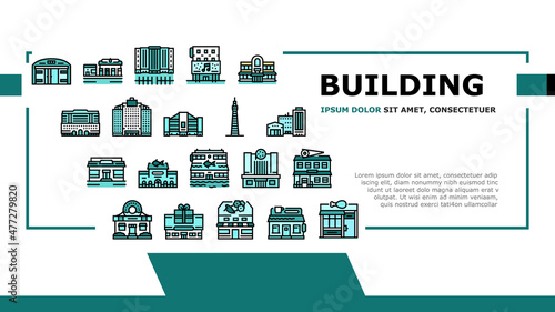 Building Restaurant And Store Landing Web Page Header Banner Template Vector. Warehouse Construction And Office Skyscraper, Cinema And Gift Shop Building, Gas Petroleum Station And Tower Illustration